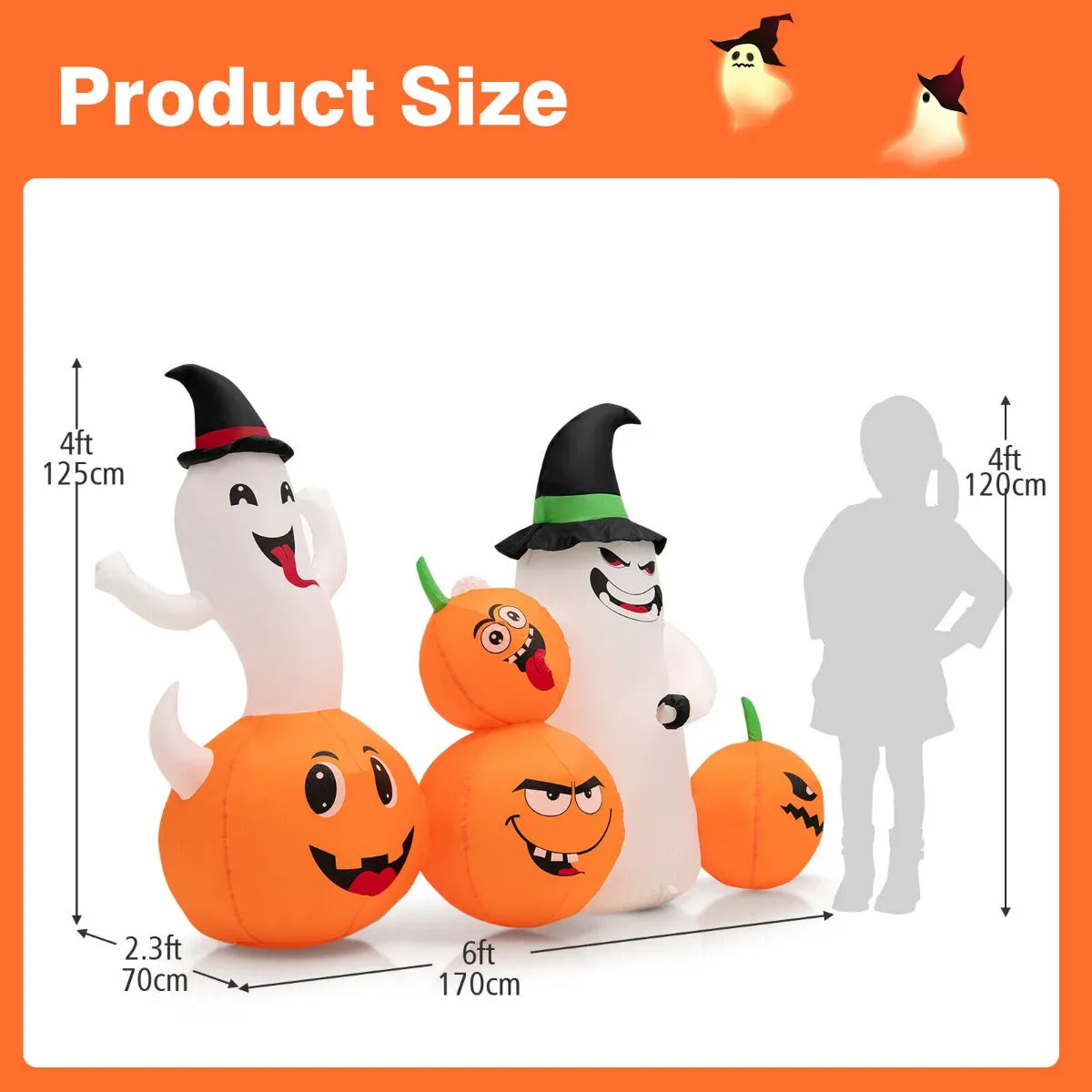 170CM Long Halloween Inflatable Decoration 4 Pumpkins 2 Witch Hat Ghosts Combo