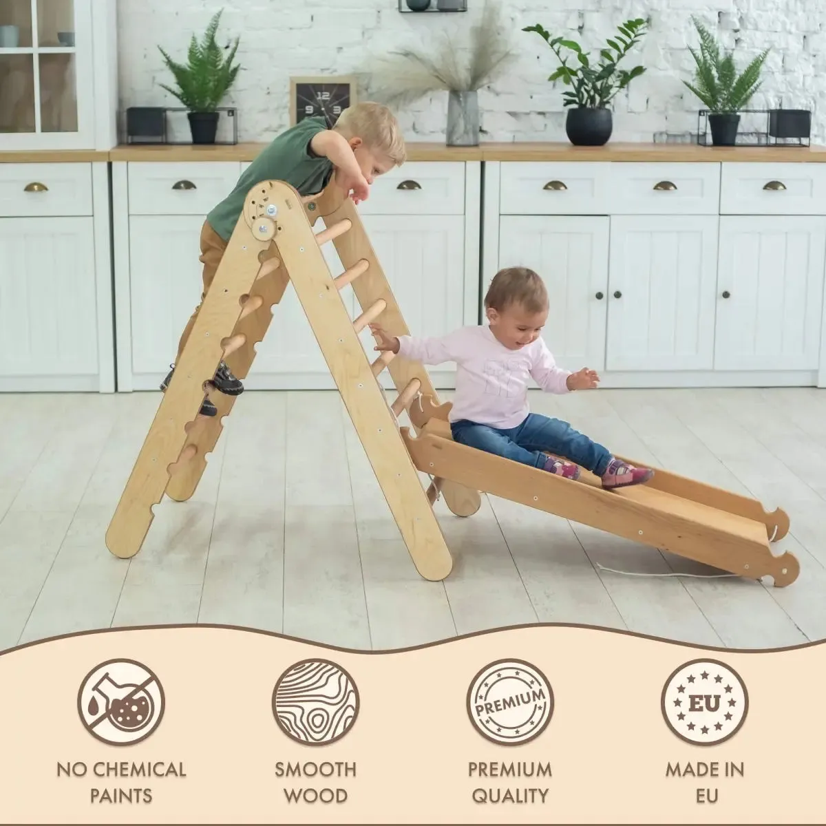 2in1 Montessori Climbing Set: Triangle Ladder   Slide Board/Ramp – Beige