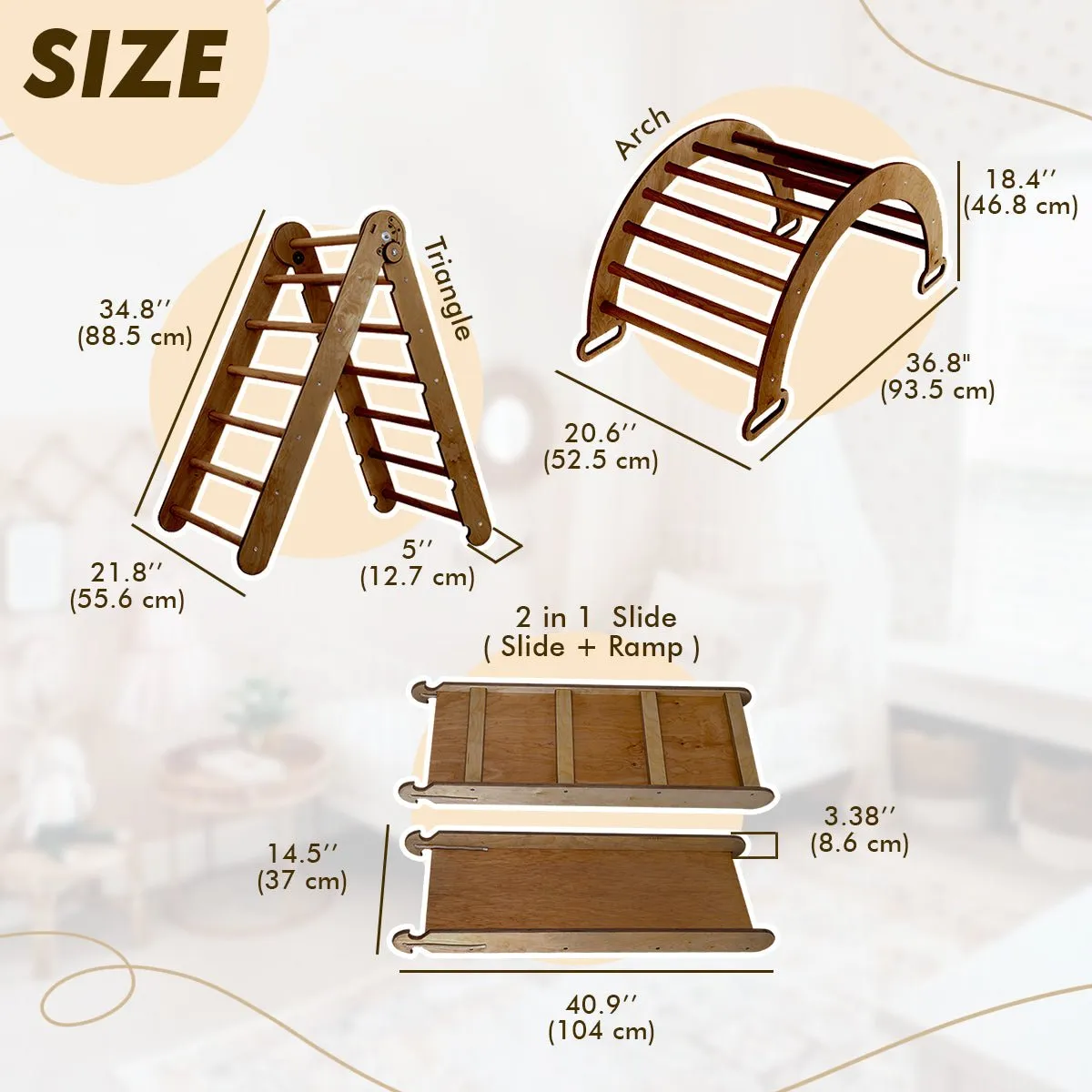 3in1 Montessori Climbing Set: Triangle Ladder   Arch/Rocker Balance   Slide Board – Chocolate