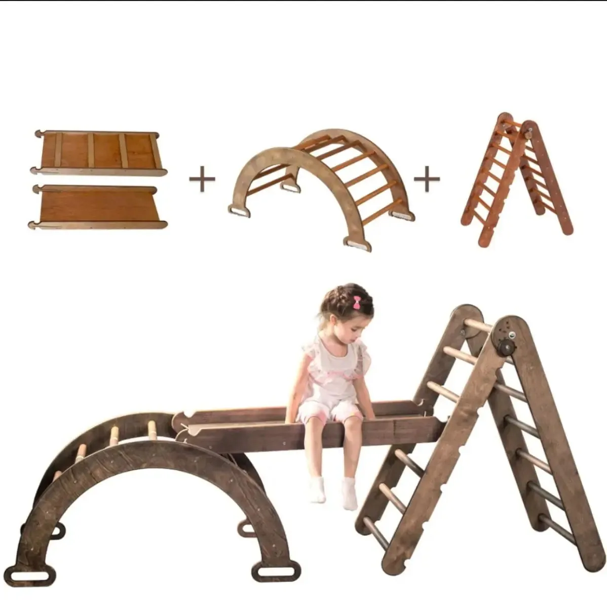 3in1 Montessori Climbing Set: Triangle Ladder   Arch/Rocker Balance   Slide Board – Chocolate