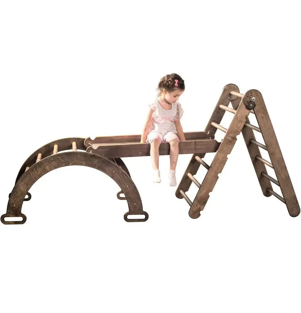 3in1 Montessori Climbing Set: Triangle Ladder   Arch/Rocker Balance   Slide Board – Chocolate