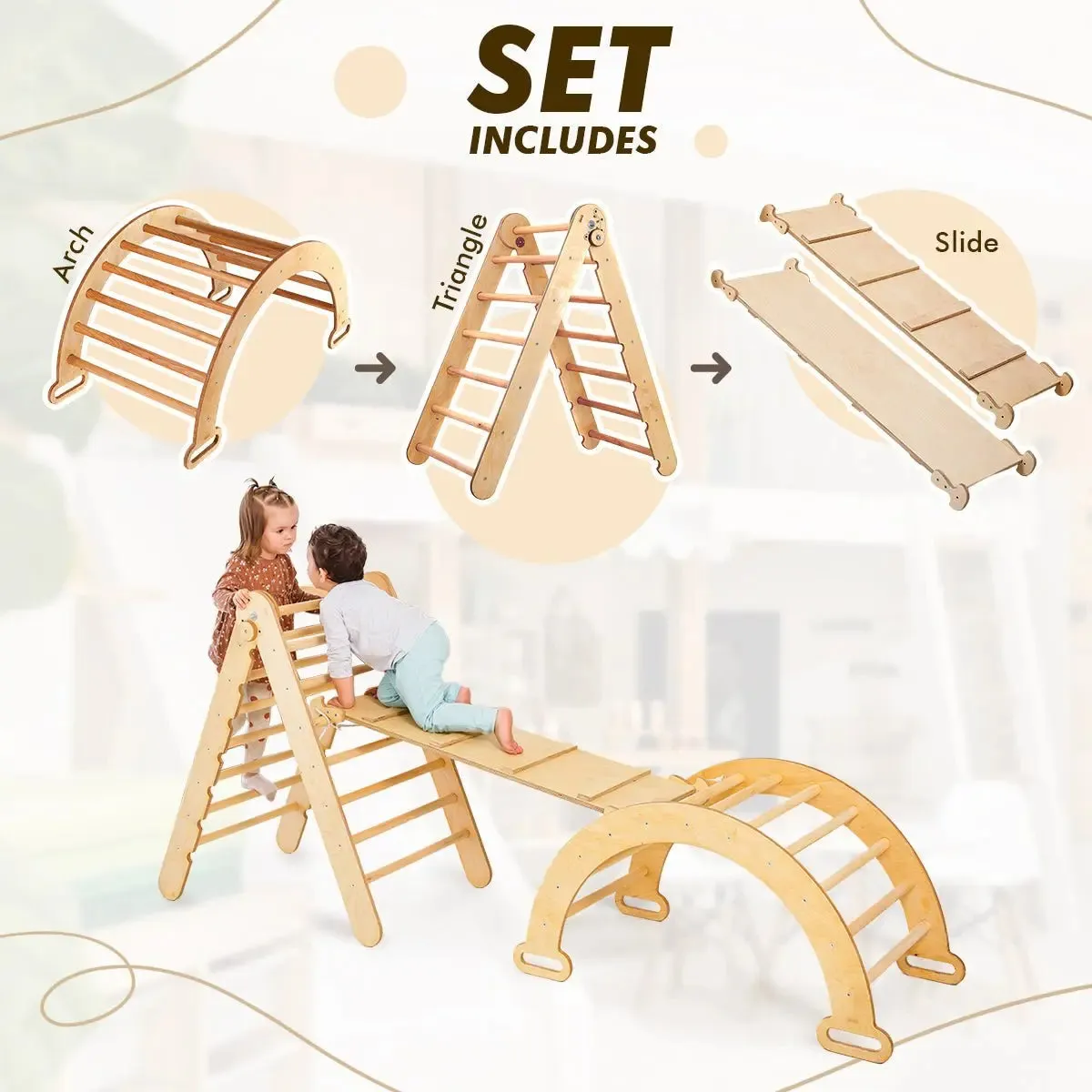 3in1 Montessori Climbing Set: Triangle Ladder   Wooden Arch   Slide Board – Beige NEW