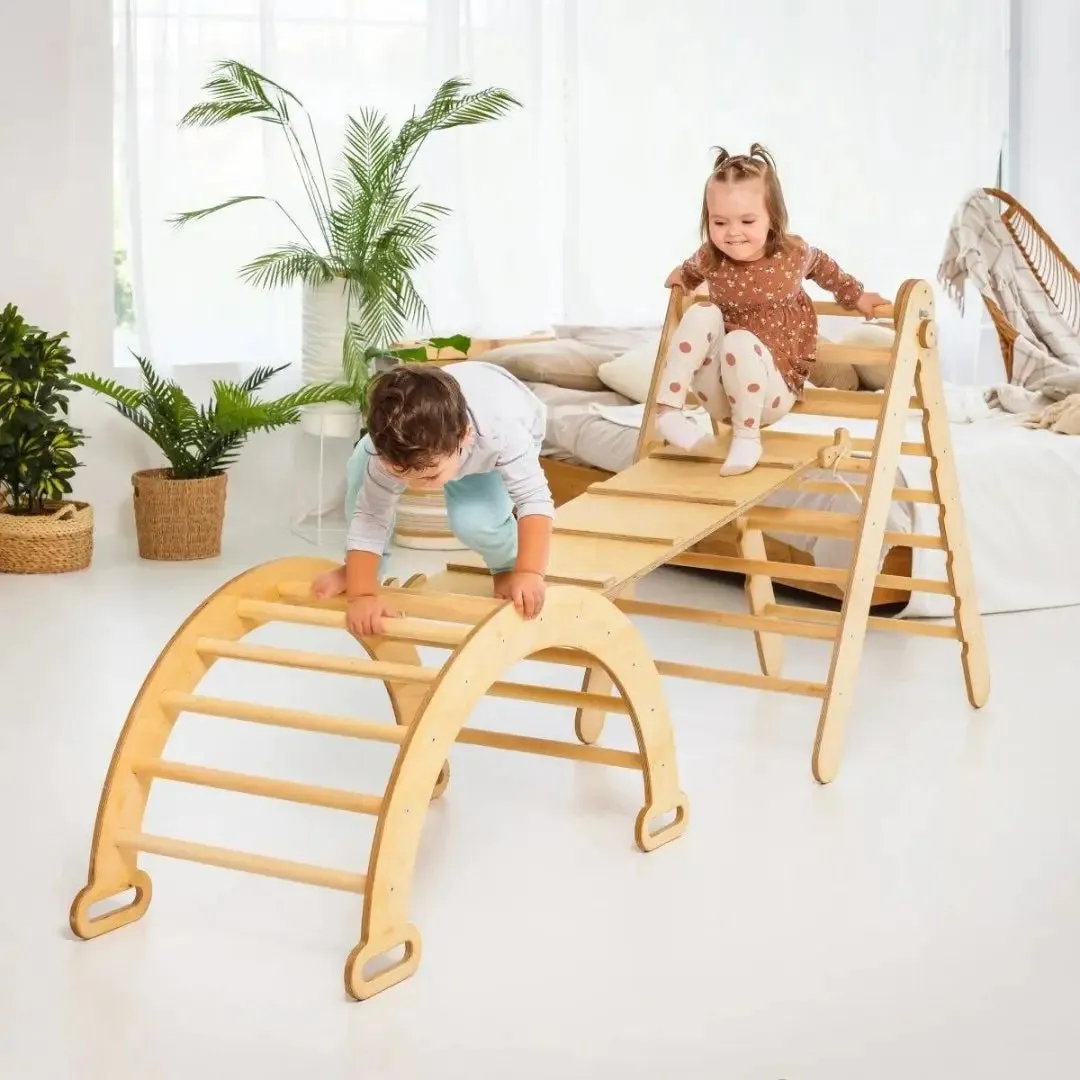 3in1 Montessori Climbing Set: Triangle Ladder   Wooden Arch   Slide Board – Beige NEW