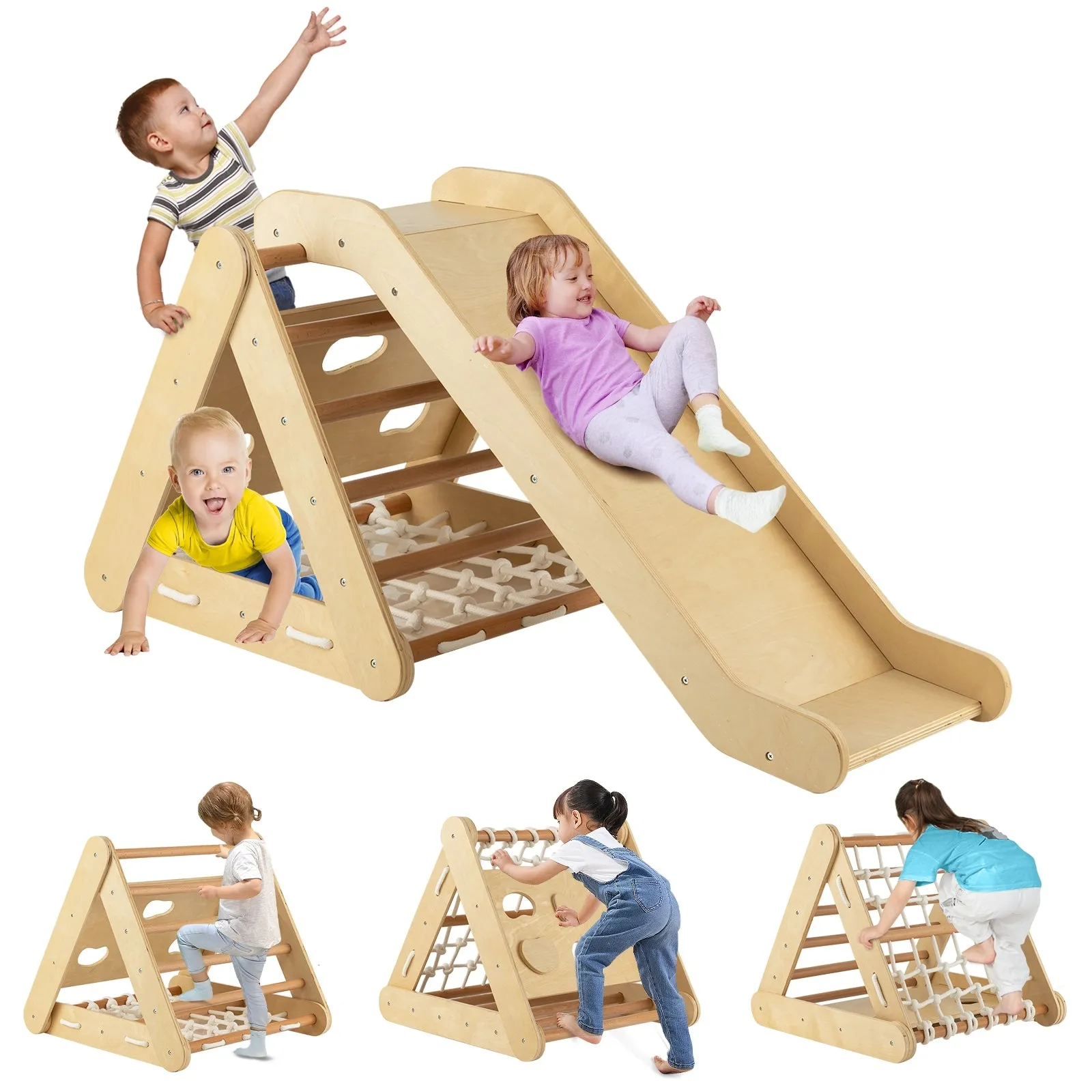 4 in 1 Triangle Climber Toy with Sliding Board and Climbing Net-Natural