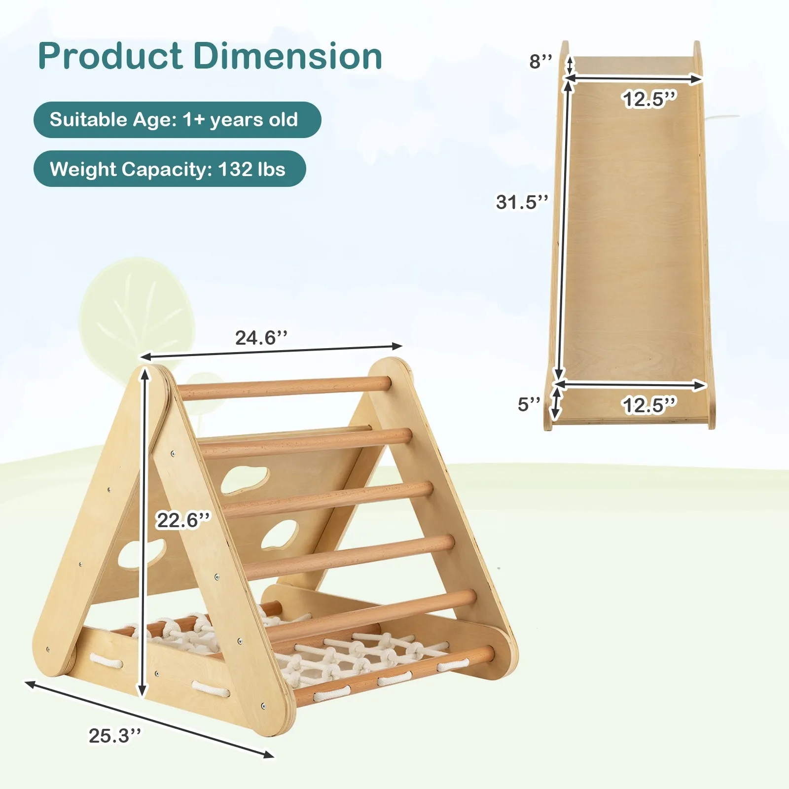 4 in 1 Triangle Climber Toy with Sliding Board and Climbing Net-Natural