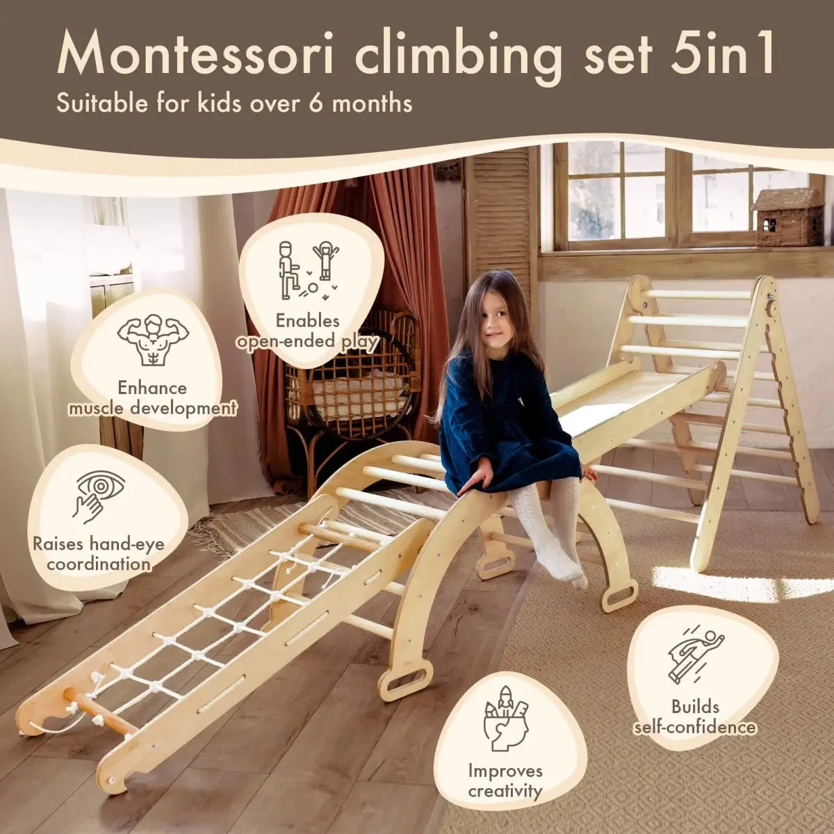 4in1 Montessori Climbing Set: Triangle Ladder   Arch/Rocker   Slide Board/Ramp   Climbing Net – Beige