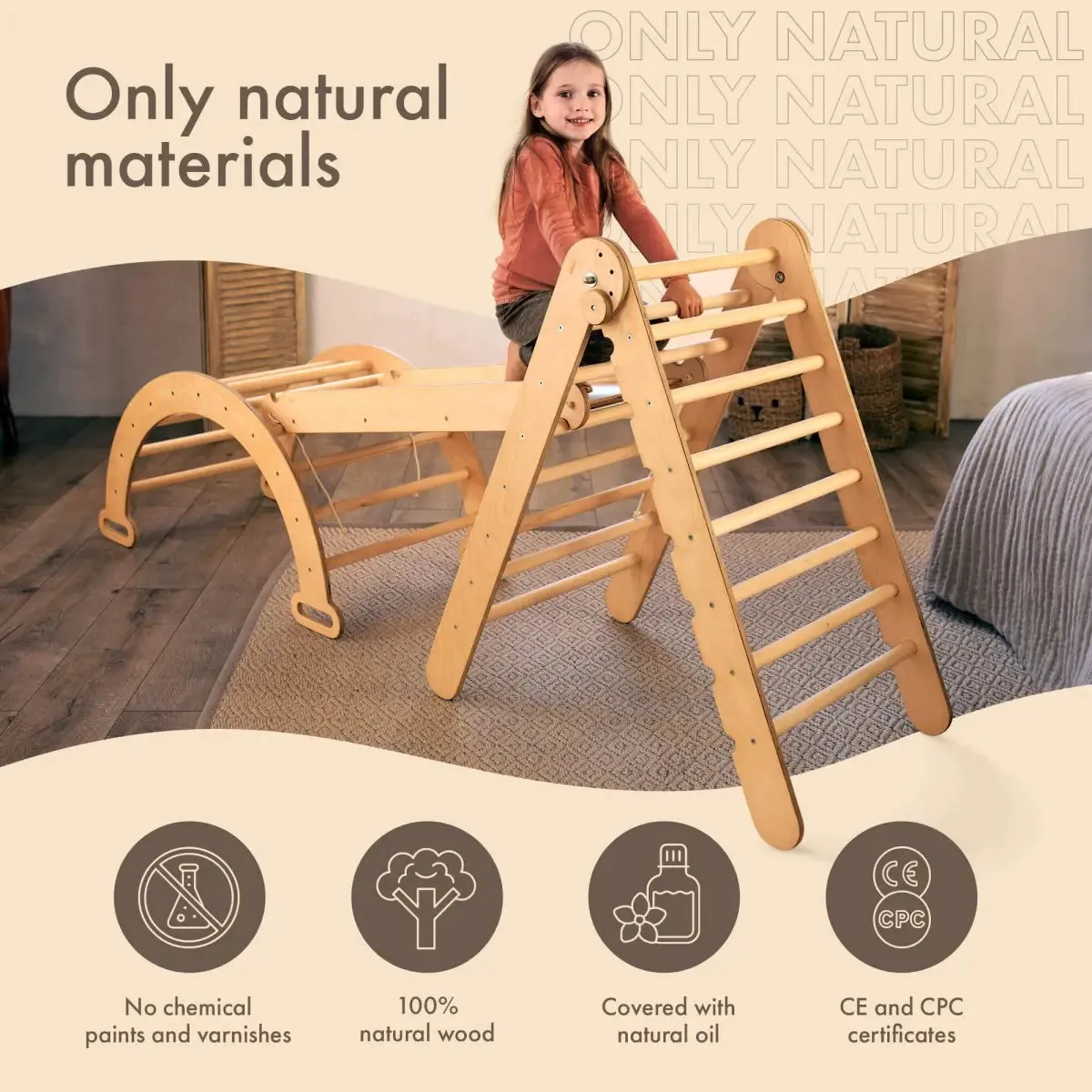 4in1 Montessori Climbing Set: Triangle Ladder   Arch/Rocker   Slide Board/Ramp   Climbing Net – Beige