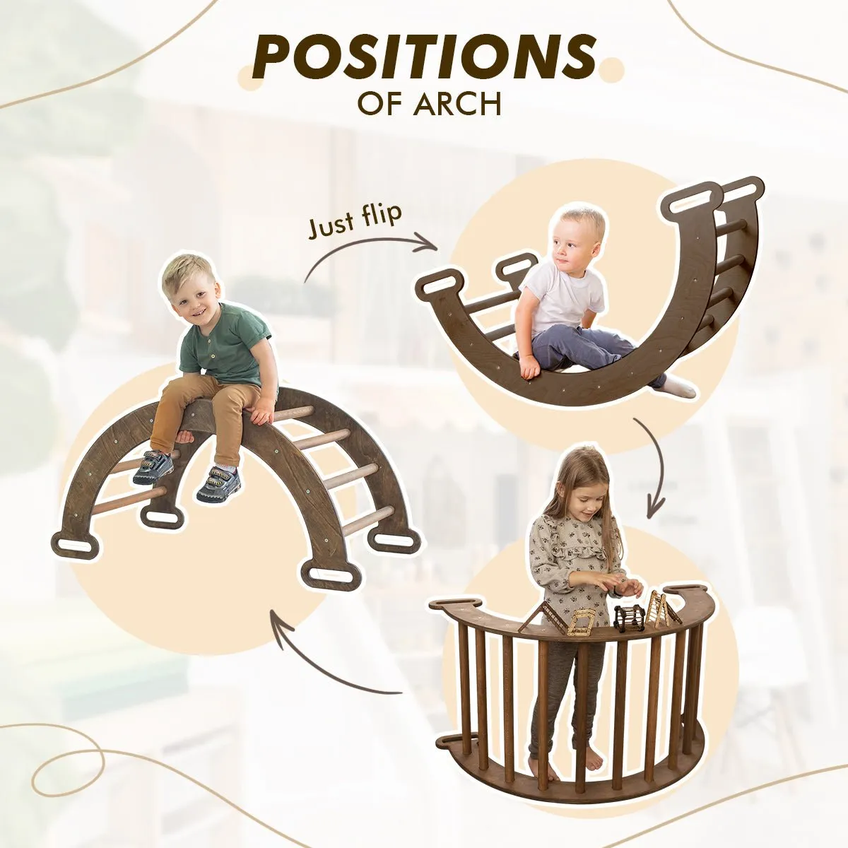 4in1 Montessori Climbing Set: Triangle Ladder   Arch/Rocker   Slide Board/Ramp   Net – Chocolate