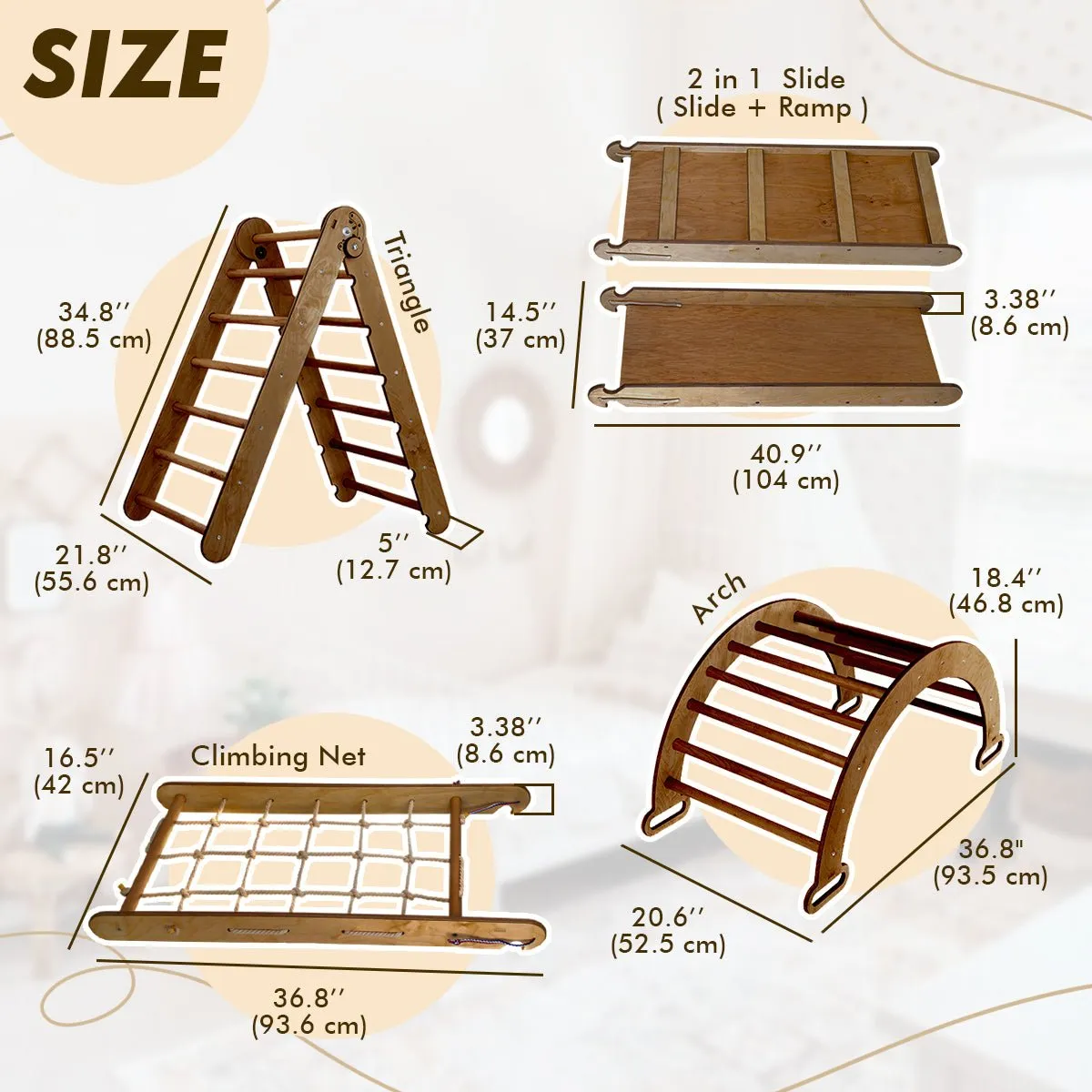 4in1 Montessori Climbing Set: Triangle Ladder   Arch/Rocker   Slide Board/Ramp   Net – Chocolate