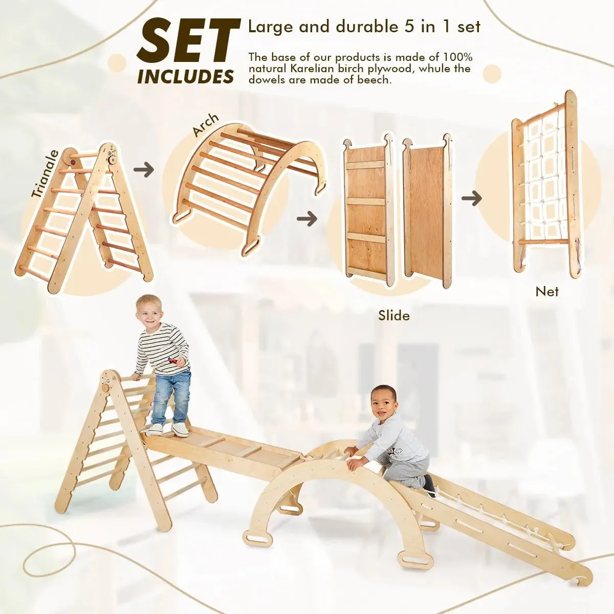 5in1 Montessori Climbing Frame Set: Triangle Ladder   Arch/Rocker   Slide Board/Ramp   Netting rope   Cushion