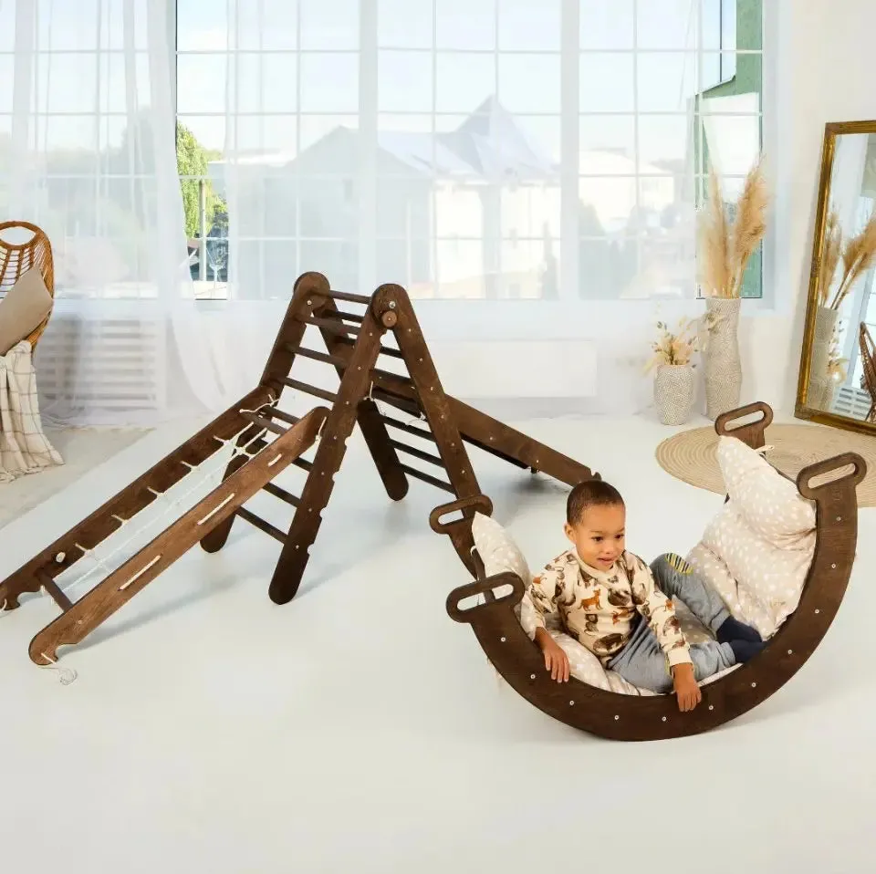 5in1 Montessori Climbing Frame Set: Triangle Ladder   Arch/Rocker   Slide Board/Ramp   Netting rope   Cushion