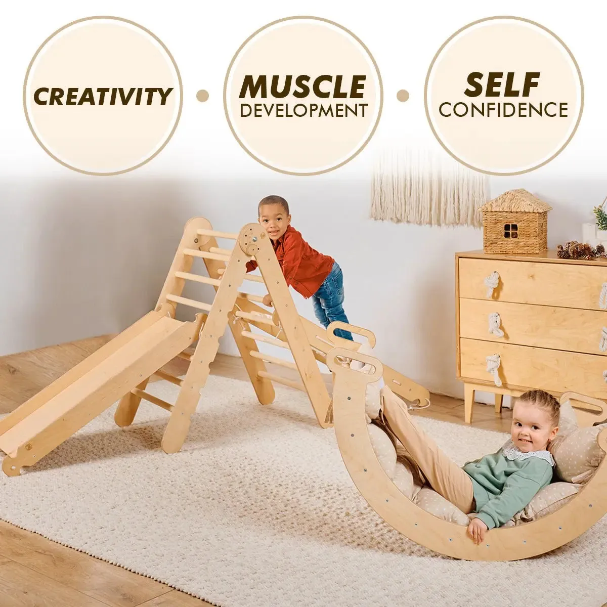 5in1 Montessori Climbing Frame Set: Triangle Ladder   Arch/Rocker   Slide Board/Ramp   Netting rope   Cushion