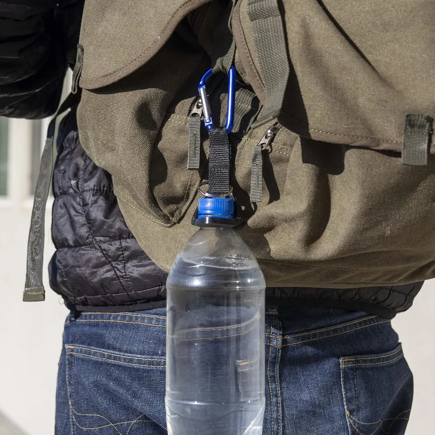 Blue Aluminum Carabiners With 6mm Thick Water Bottle Holder Attachment