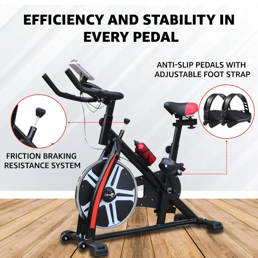 BS-130 Spin Exercise Bike [8Kg Flywheel | Max User Weight 130kg | LCD Display | 3pc Crank | Bottle Holder | Anti-slip Pedals and Comfortable Seat] 1 Year Manufacturer Warranty | Black