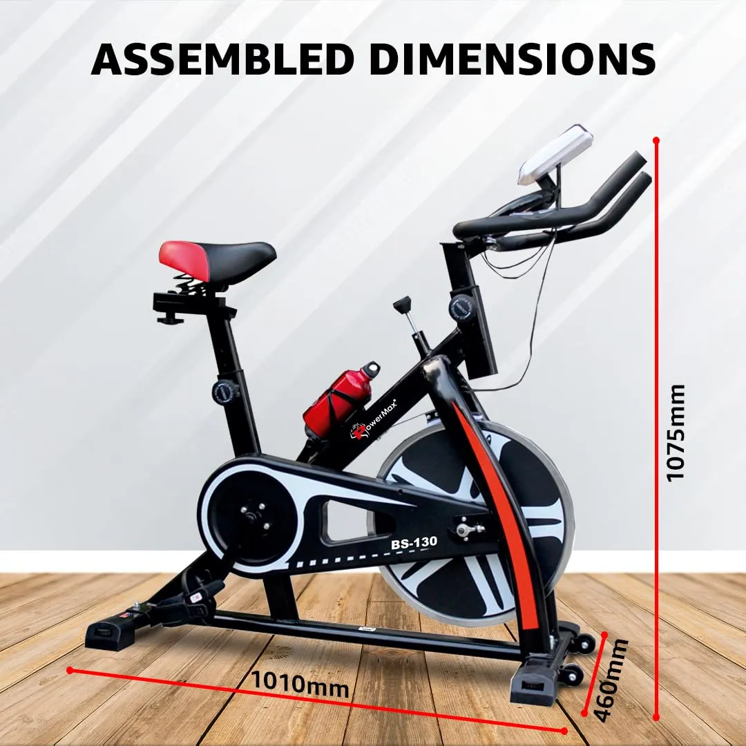 BS-130 Spin Exercise Bike [8Kg Flywheel | Max User Weight 130kg | LCD Display | 3pc Crank | Bottle Holder | Anti-slip Pedals and Comfortable Seat] 1 Year Manufacturer Warranty | Black