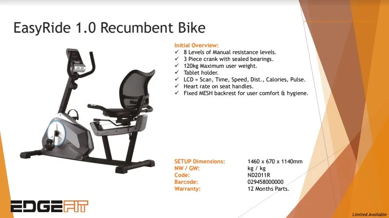 EasyRide 1.0 Recumbent Bike, Smooth, Manual Magnetic