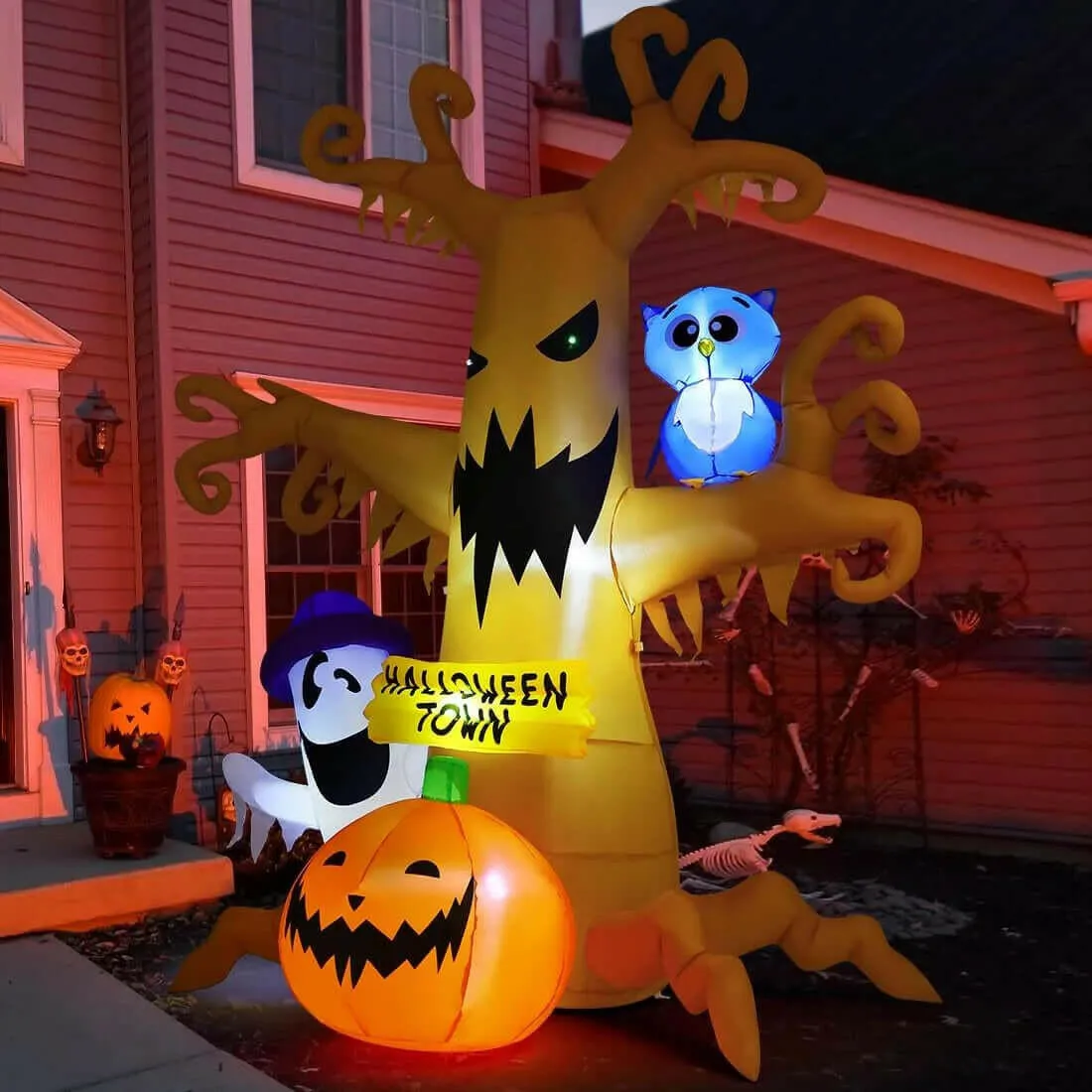 Halloween Inflatables 8 FT Halloween Inflatable Tree with Ghost Pumpkin and Owl, Halloween Dead Tree Decorations Scary Halloween Decorations with Built-In Lights for Halloween/Holiday/Party