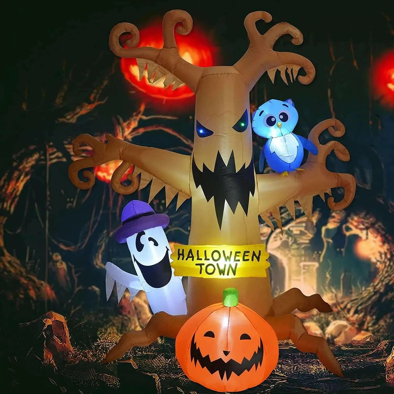 Halloween Inflatables 8 FT Halloween Inflatable Tree with Ghost Pumpkin and Owl, Halloween Dead Tree Decorations Scary Halloween Decorations with Built-In Lights for Halloween/Holiday/Party