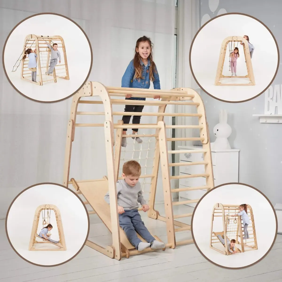 Indoor Wooden Playground for Children - 6in1 Playground   Swings Set   Slide Board