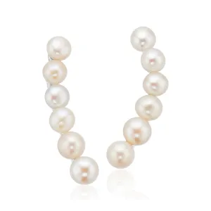 Sterling Silver Round White Fresh Water Pearl Climber Stud Earrings