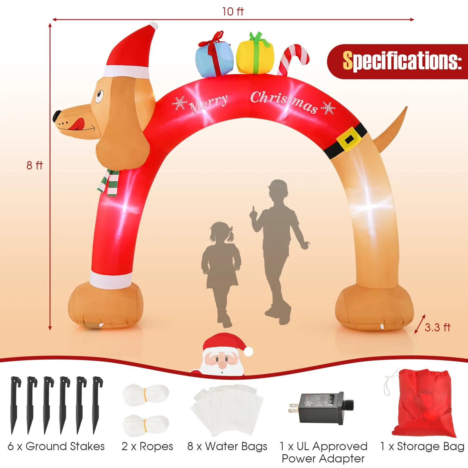 Tangkula 10 FT Lighted Inflatable Christmas Dachshund Arch, Blow Up Christmas Arch w/LEDs & Built-in Air Blower