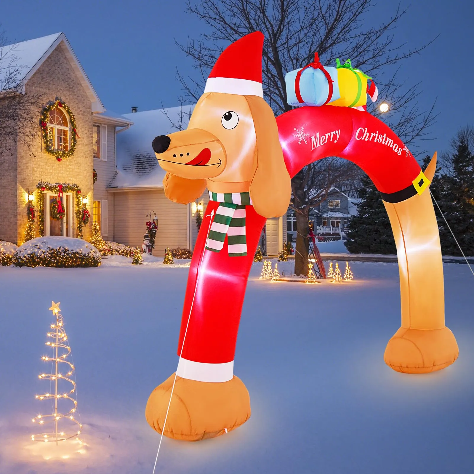 Tangkula 10 FT Lighted Inflatable Christmas Dachshund Arch, Blow Up Christmas Arch w/LEDs & Built-in Air Blower