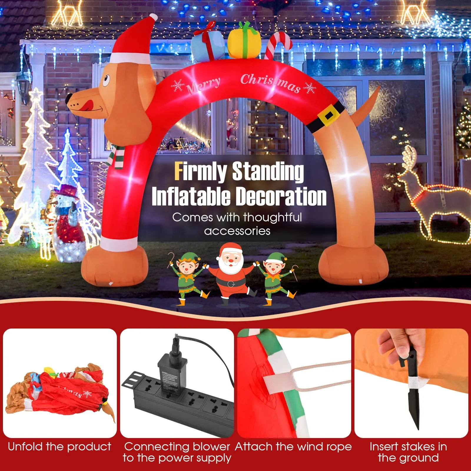 Tangkula 10 FT Lighted Inflatable Christmas Dachshund Arch, Blow Up Christmas Arch w/LEDs & Built-in Air Blower