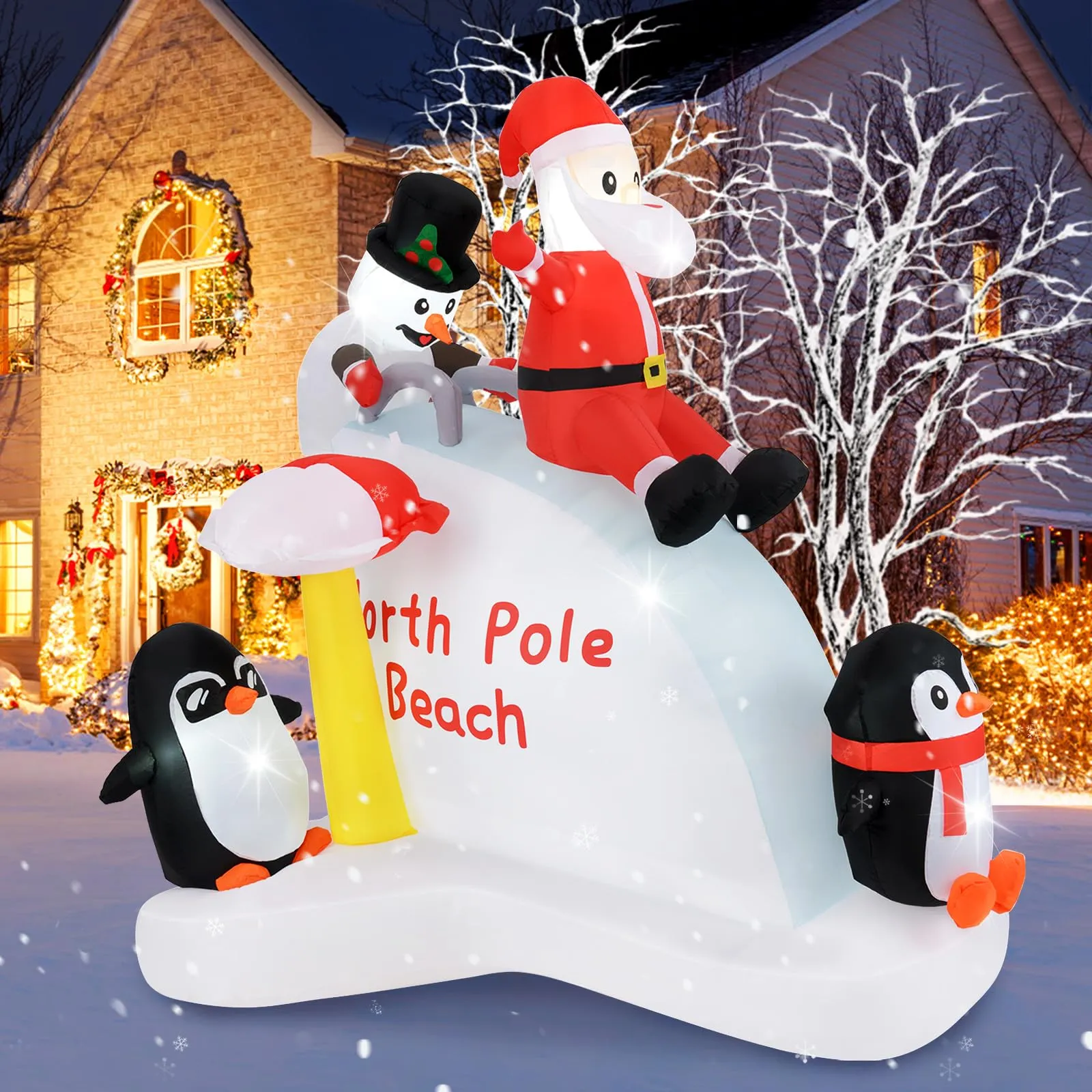 Tangkula 6.4 FT Christmas Inflatable Penguins, Santa & Snowman on Slide