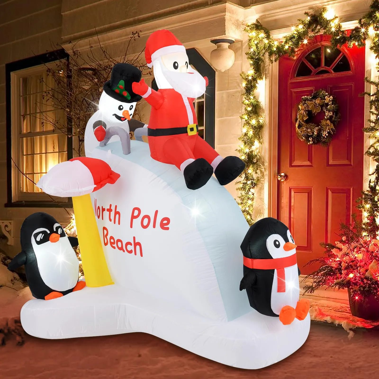 Tangkula 6.4 FT Christmas Inflatable Penguins, Santa & Snowman on Slide