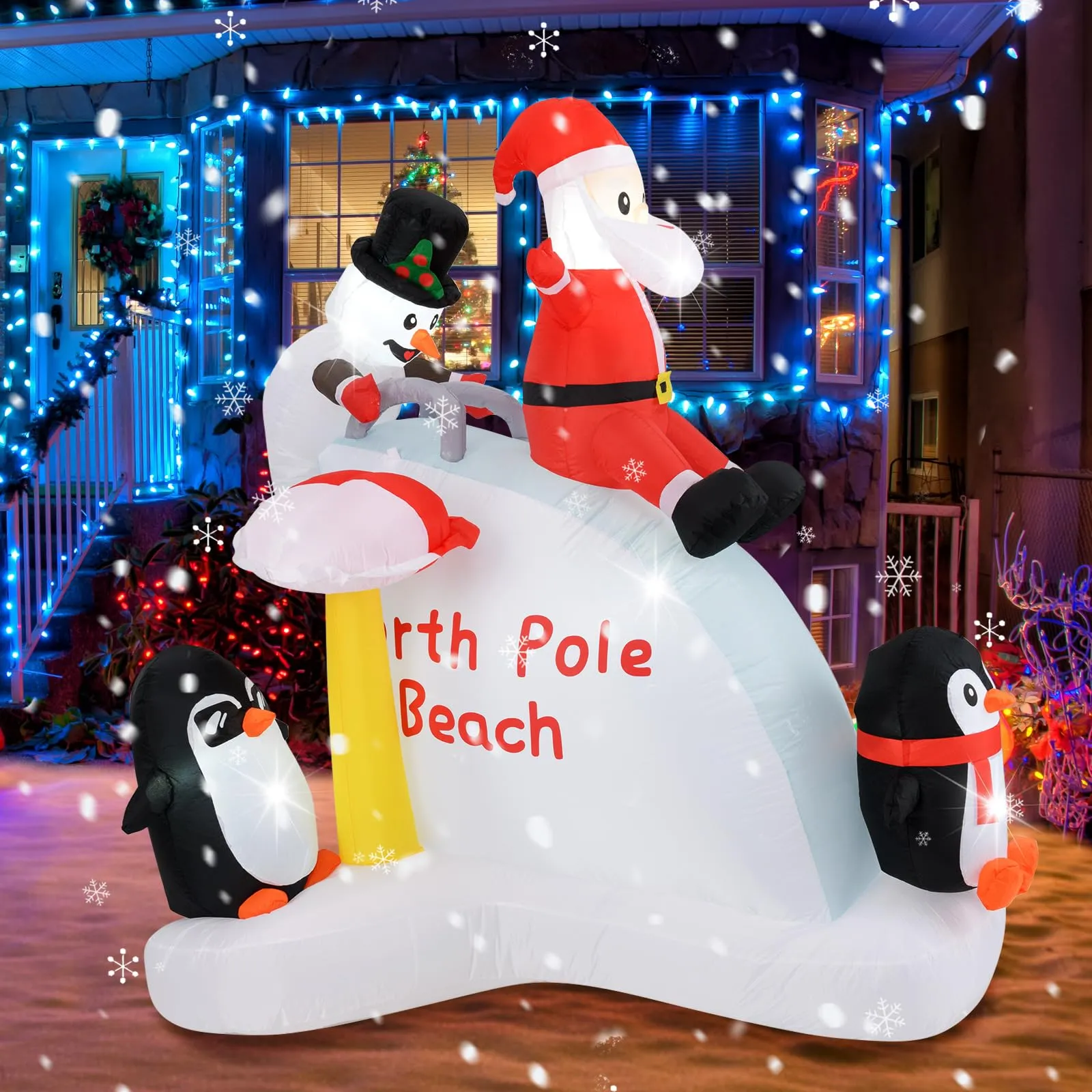 Tangkula 6.4 FT Christmas Inflatable Penguins, Santa & Snowman on Slide