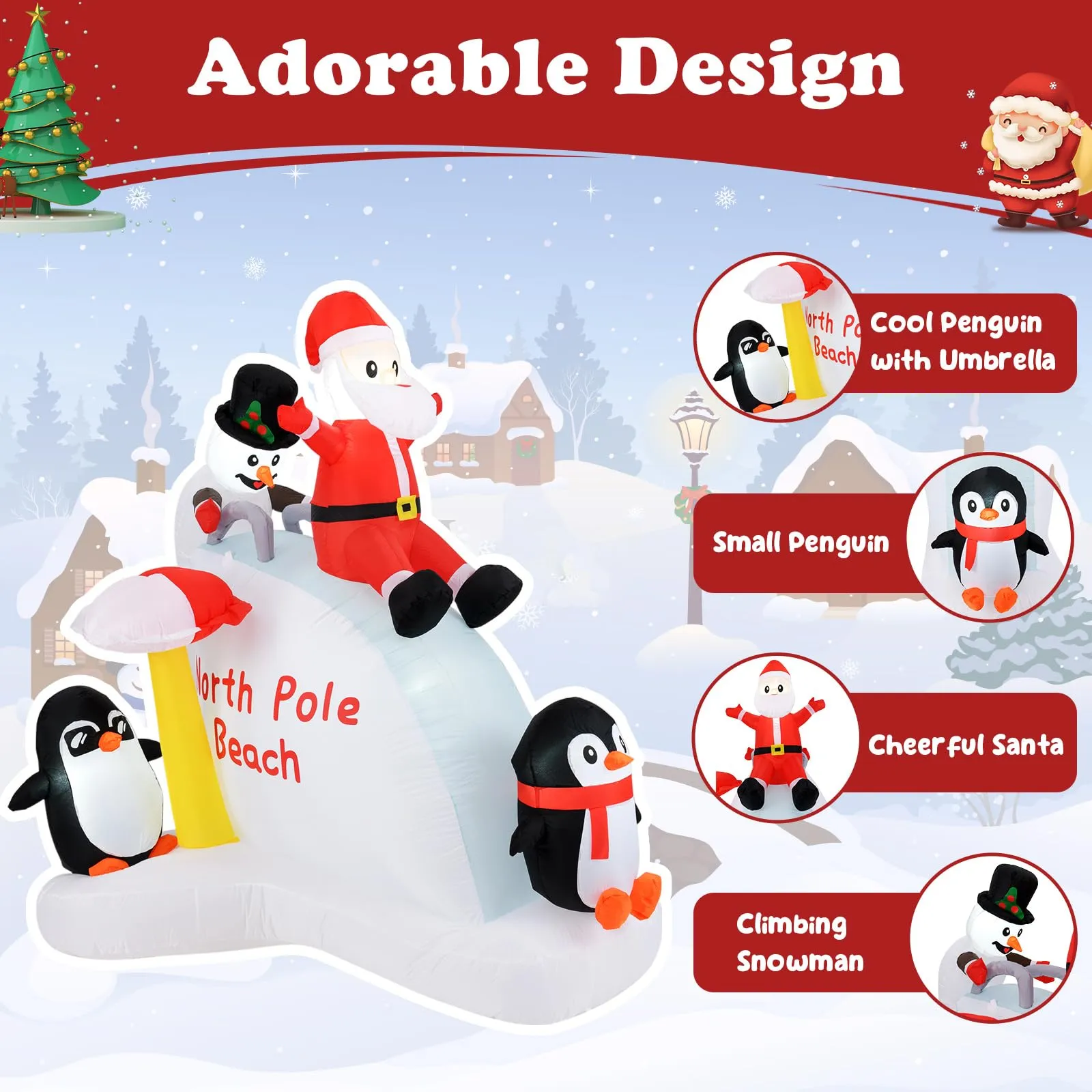 Tangkula 6.4 FT Christmas Inflatable Penguins, Santa & Snowman on Slide