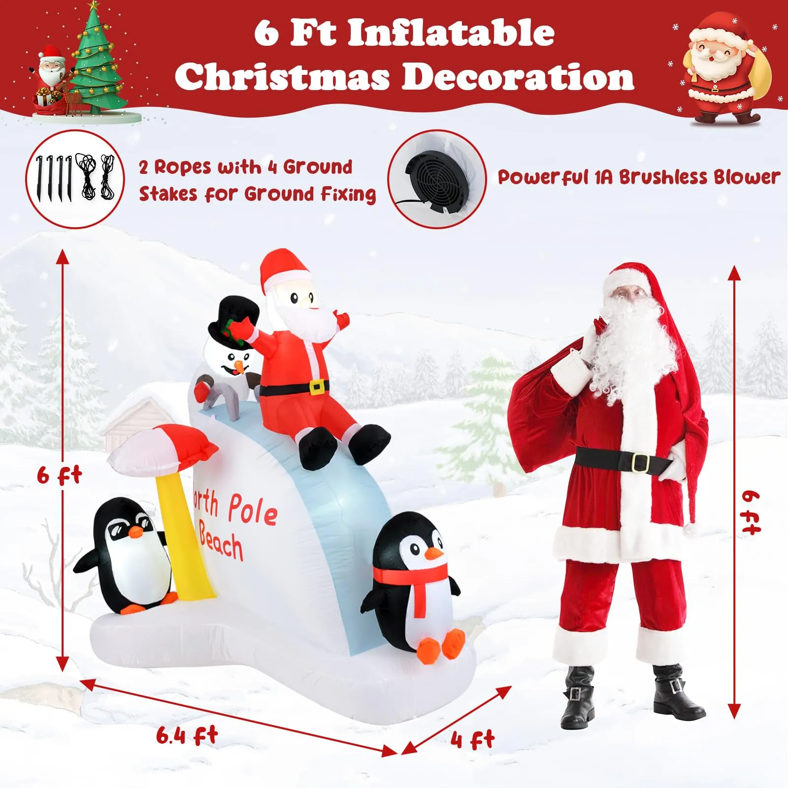 Tangkula 6.4 FT Christmas Inflatable Penguins, Santa & Snowman on Slide