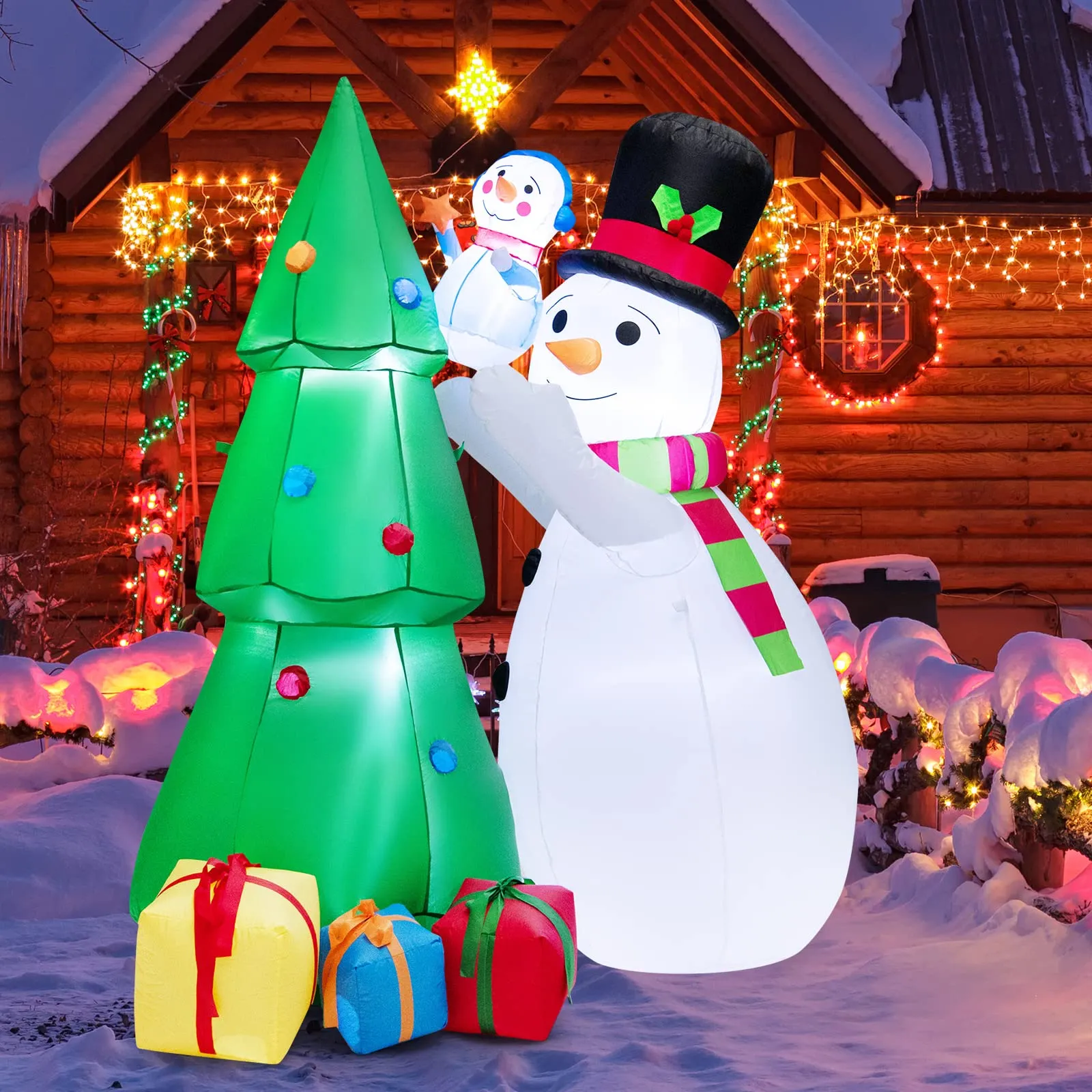 Tangkula Inflatable christmas Snowman, Santa Claus, Built-in Colorful LED Lights