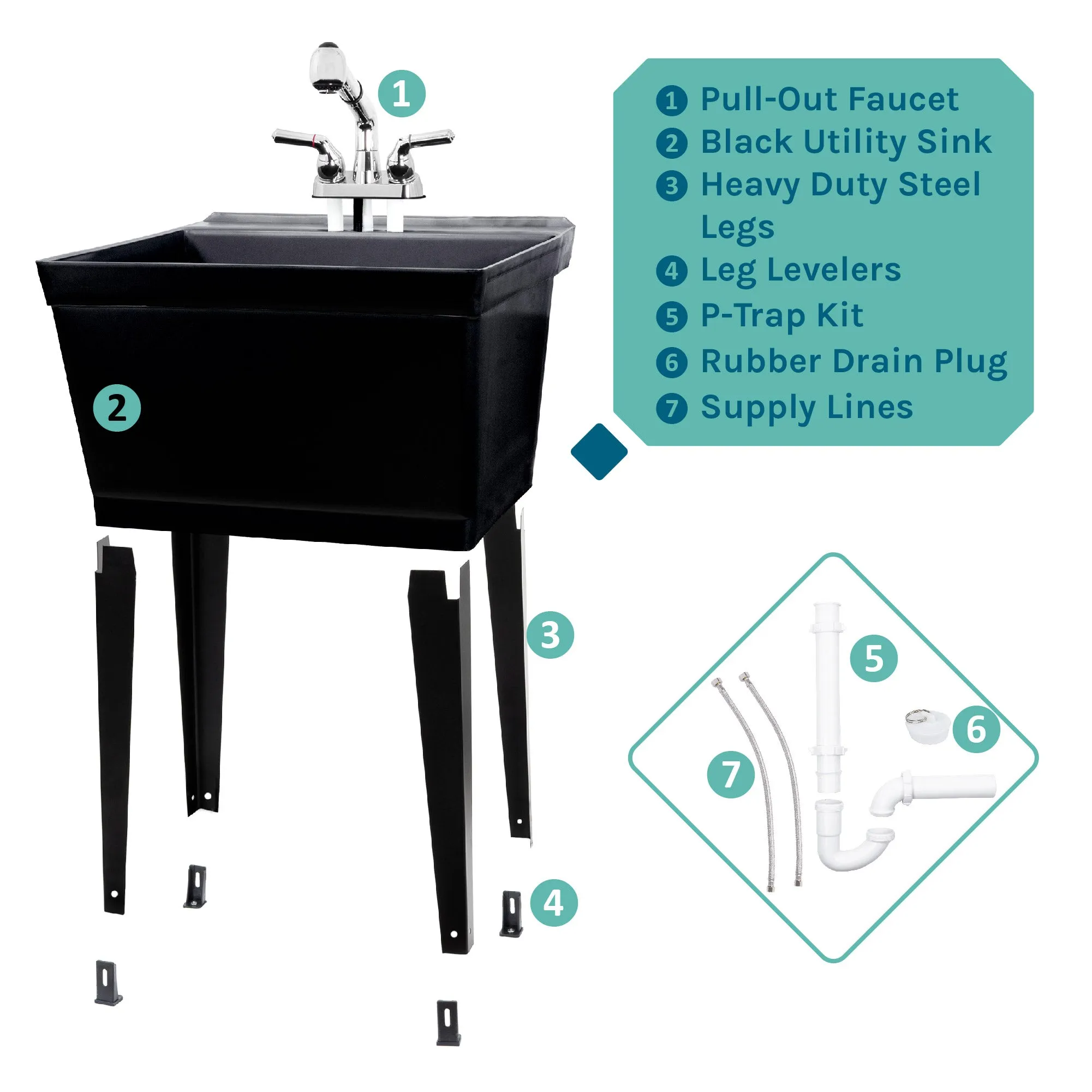 Tehila Standard Freestanding Black Utility Sink with Chrome Finish Pull-Out Faucet