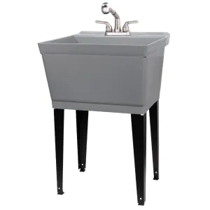 Tehila Standard Freestanding Grey Utility Sink with Stainless Steel Finish Pull-Out Faucet